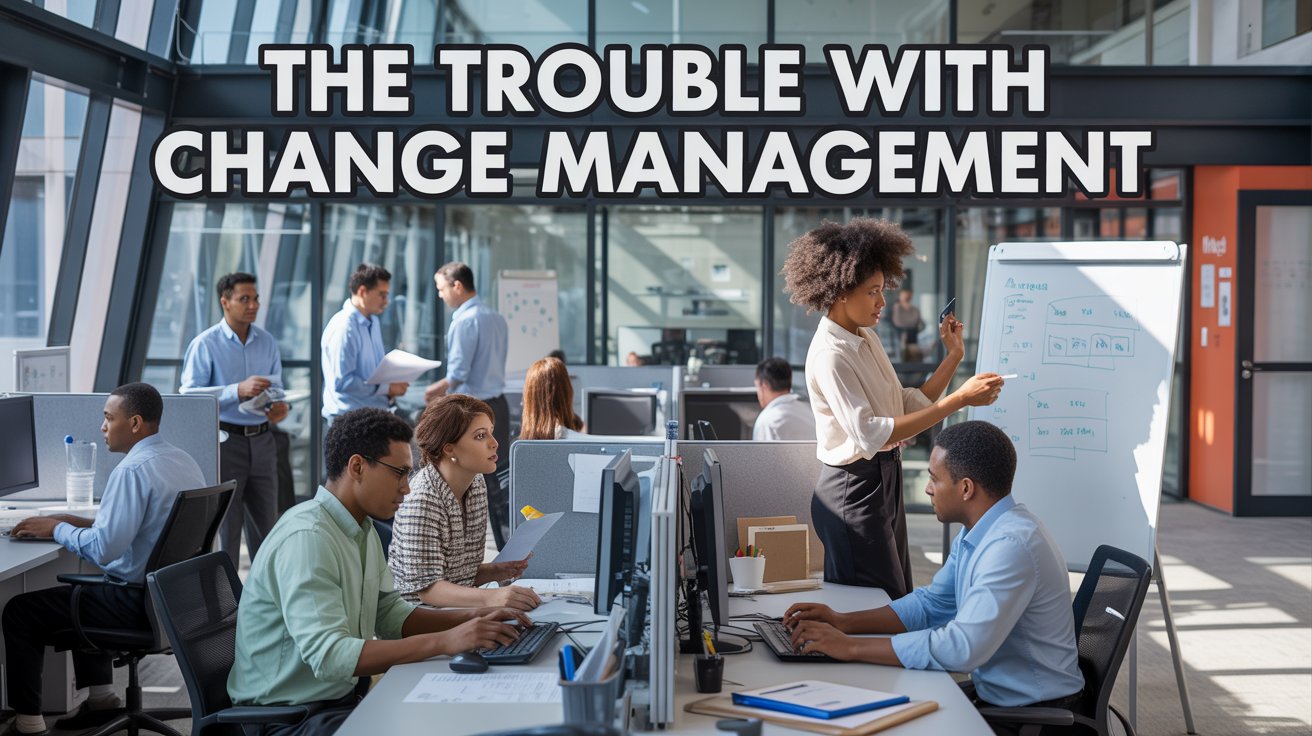 Headline "THe Trouble with Change Management" above a busy scene in an open-plan office