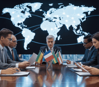 Image of business discussion in front of a world map with a centerpiece made of country flags