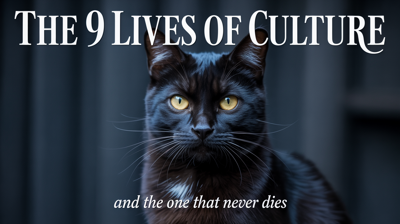 Picture of a staring black cat with the slogan "The 9 Lives of Culture...and the one that never dies"