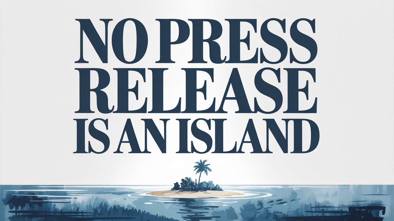 "No Press Release is an Island" above a drawing of an island