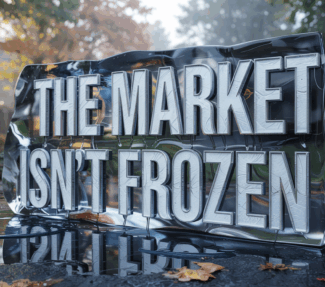 Melting Ice block with the term "the market isn't frozen" set in an autumn forest