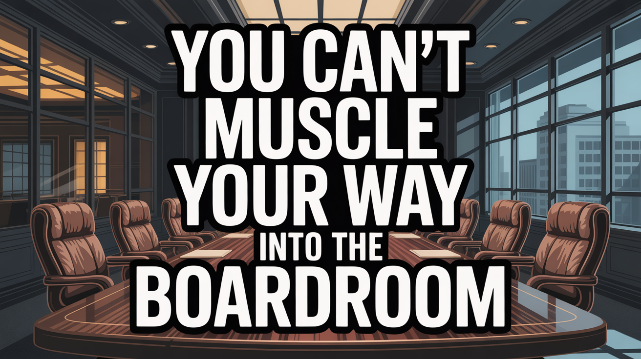"You can't muscle your way into the boardroom" superimposed over an empty boardroom table