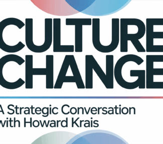 A minimalist book cover design with a clean, modern aesthetic. The top portion features large black text "CULTURE CHANGE" in a bold, sans-serif font. Below this is a thin horizontal line in light blue. Under the line are two lines of smaller black text: "A Strategic Conversation" in a thinner font weight, followed by "with Howard Krais" in the same style. The background is white, and there are three overlapping circular shapes in the top corners - one pink and two blue circles of varying sizes. The circles create a subtle gradient effect and partial shadows. The overall design is simple and professional, with ample white space and a balanced composition.