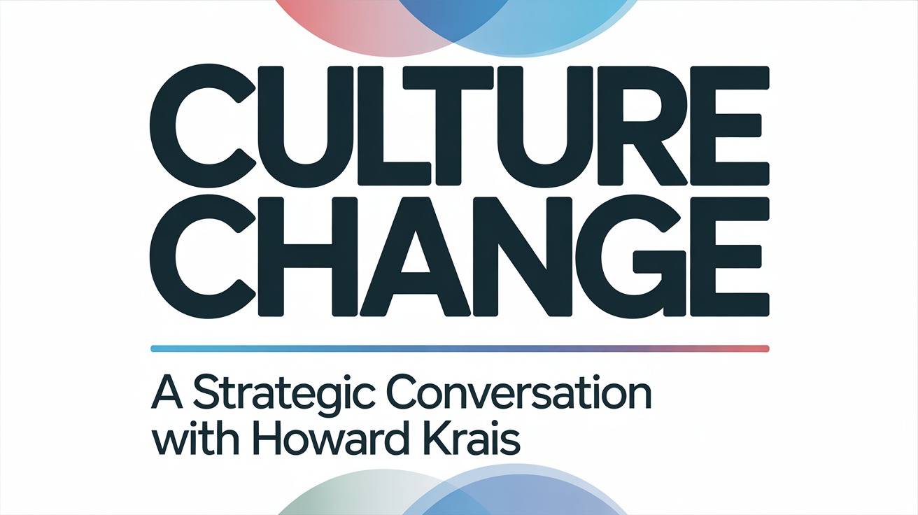 A minimalist book cover design with a clean, modern aesthetic. The top portion features large black text "CULTURE CHANGE" in a bold, sans-serif font. Below this is a thin horizontal line in light blue. Under the line are two lines of smaller black text: "A Strategic Conversation" in a thinner font weight, followed by "with Howard Krais" in the same style. The background is white, and there are three overlapping circular shapes in the top corners - one pink and two blue circles of varying sizes. The circles create a subtle gradient effect and partial shadows. The overall design is simple and professional, with ample white space and a balanced composition.