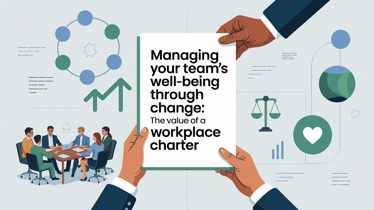 Infographic style drawing centred around paper with the words "Managing your team's well-being through change: the need for a workplace charter"