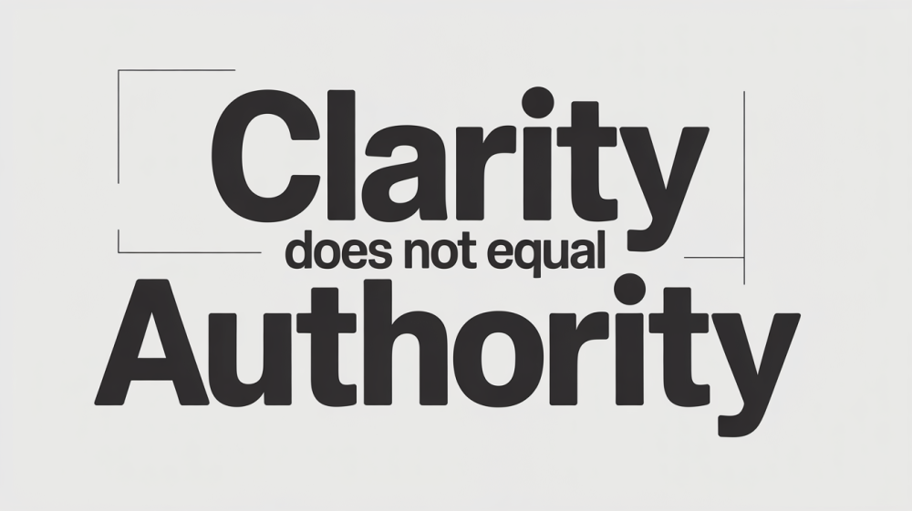 "Clarity does not equal authority" in black letters on white background