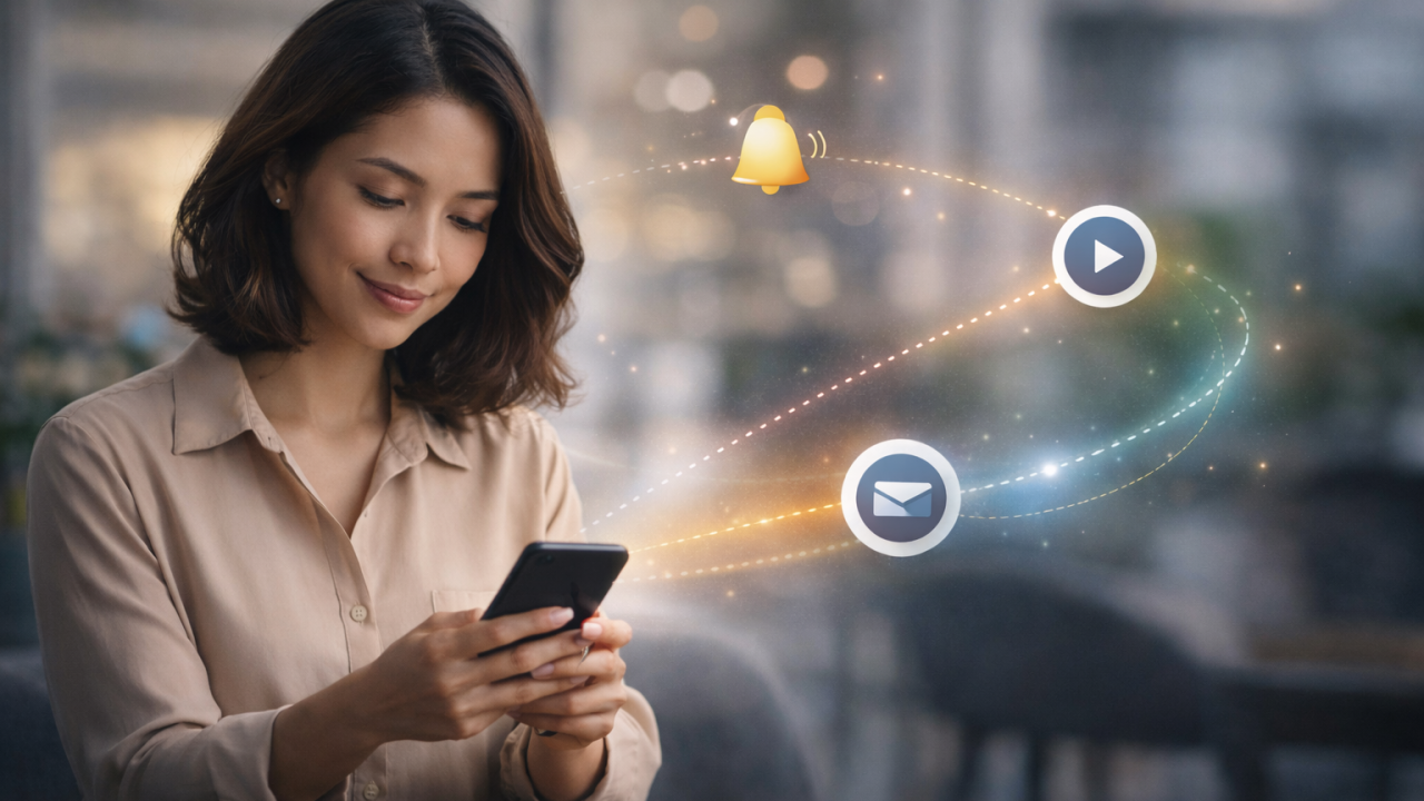 woman with smartphone standing with backdrop of a high tech abstract image