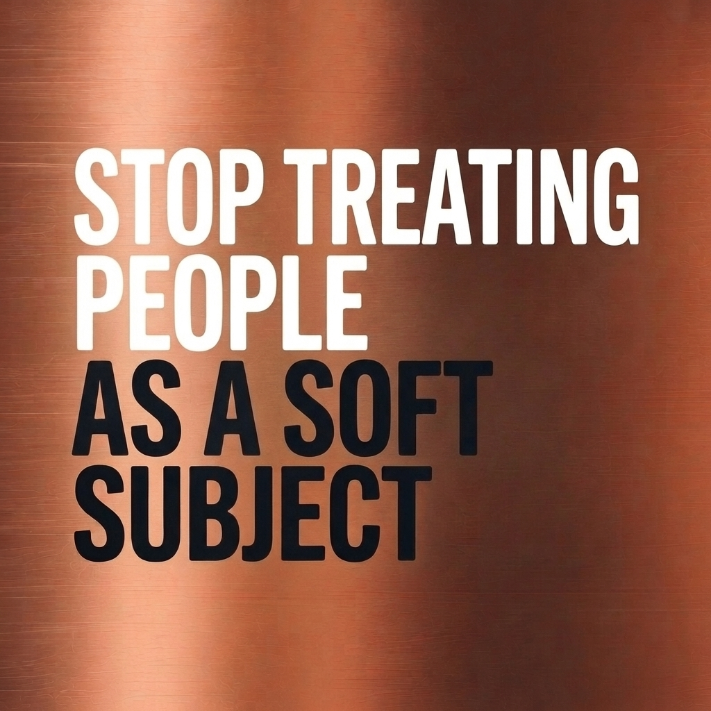 "Stop Treating People" in white, "As a Soft Subject" in black, against a bronze background
