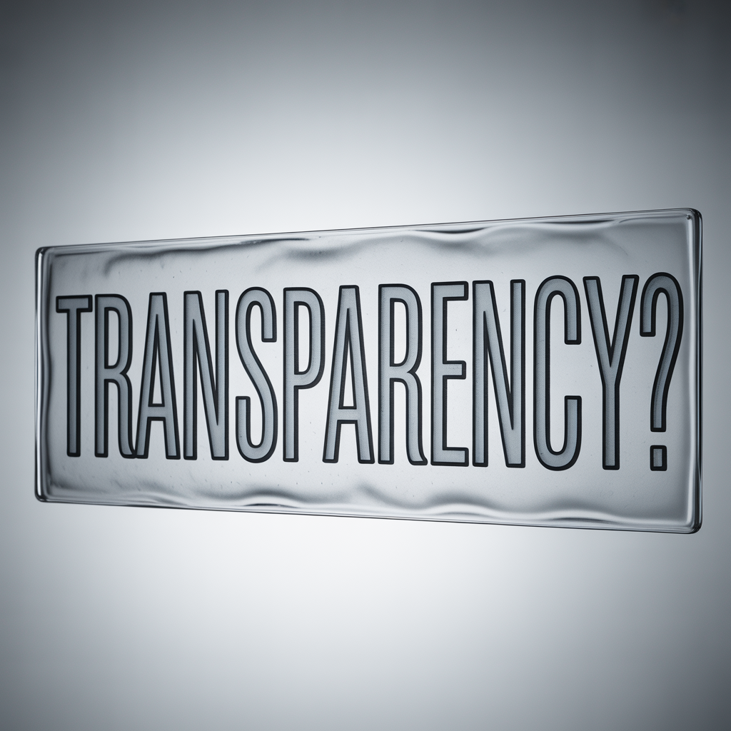 "Transparency?" on a sign on a gray wall