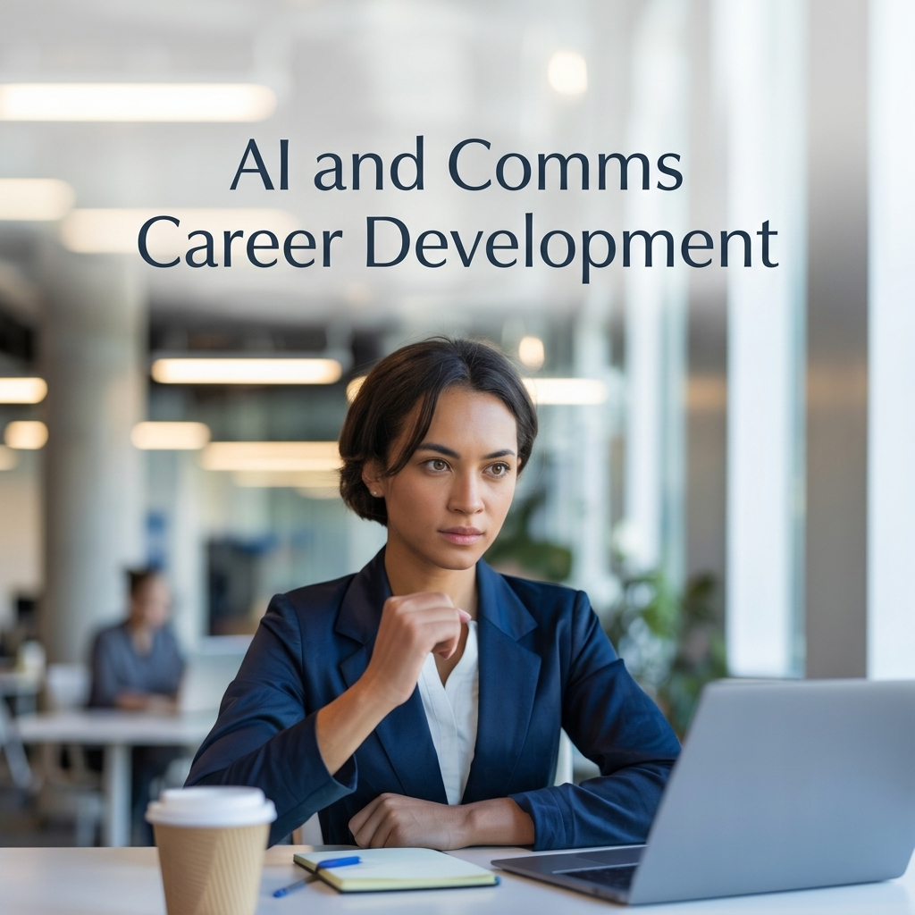 Headline "AI and Comms Career Development" above image of entry level communication professional at laptop