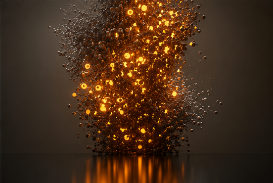 Three d image of a network diagram with nodes lit in yellow against a dark background