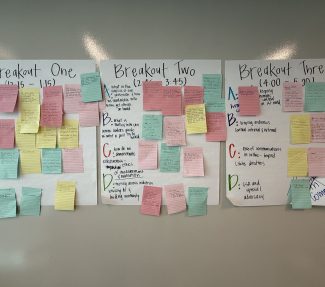 Three flipcharts covered in post-it notes suggesting topics and sessions for the Communication Leadership Summit in Washington DC